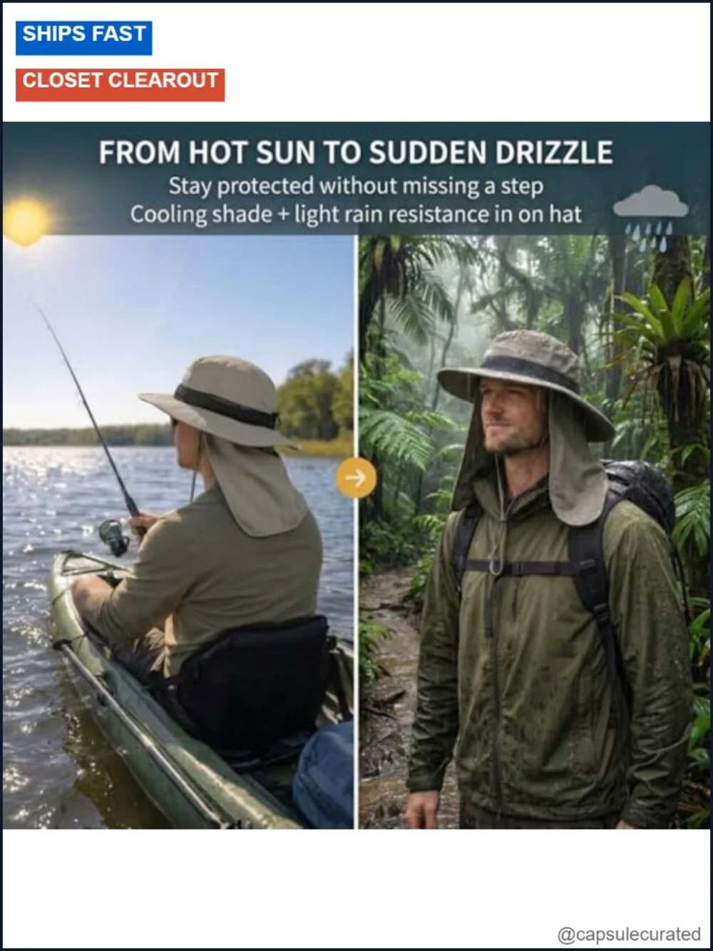 UPF 50+ Cooling Sun Hat with Neck Flap, Rollable Wide Brim, Fishing Beach Hiking